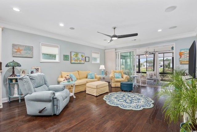 living room with ceiling fan, dark hardwood / wood-style floors, crown molding, and a healthy amount of sunlight