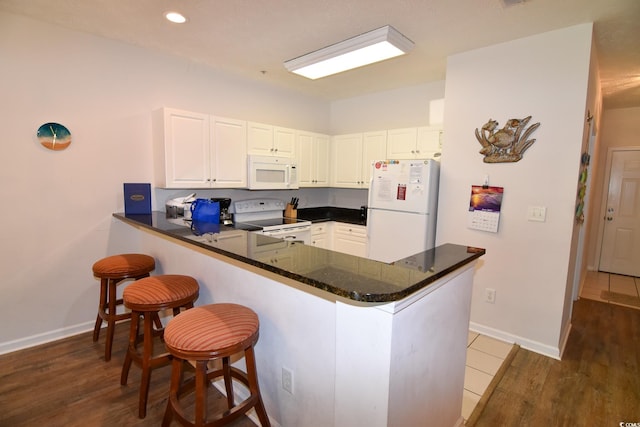 kitchen featuring white cabinets, white appliances, kitchen peninsula, and dark hardwood / wood-style floors