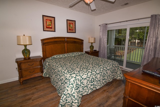 bedroom featuring a textured ceiling, access to outside, ceiling fan, and dark wood-type flooring