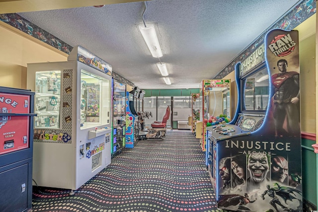 interior space with a textured ceiling and carpet floors