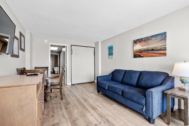 living room featuring light hardwood / wood-style floors and a textured ceiling