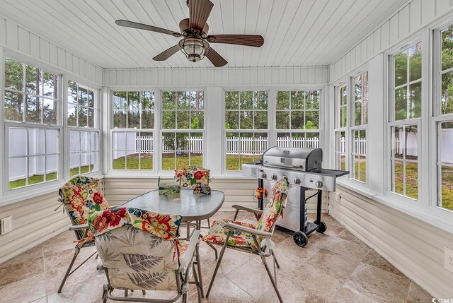 sunroom with wooden ceiling, a healthy amount of sunlight, and ceiling fan