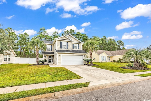 view of front property featuring a garage and a front lawn