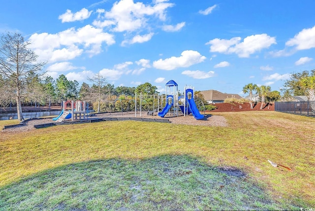 view of jungle gym with a yard