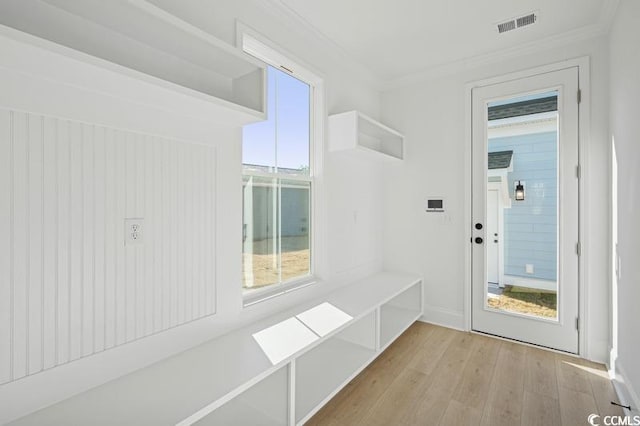 mudroom with light wood-type flooring, ornamental molding, and a wealth of natural light