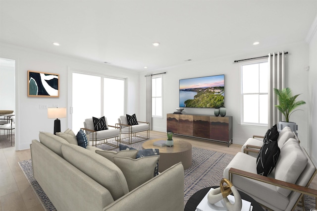 living area with recessed lighting, light wood-type flooring, and baseboards