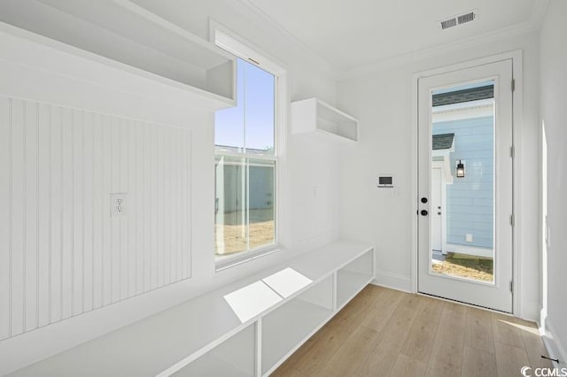 mudroom with visible vents, light wood-style flooring, plenty of natural light, and ornamental molding