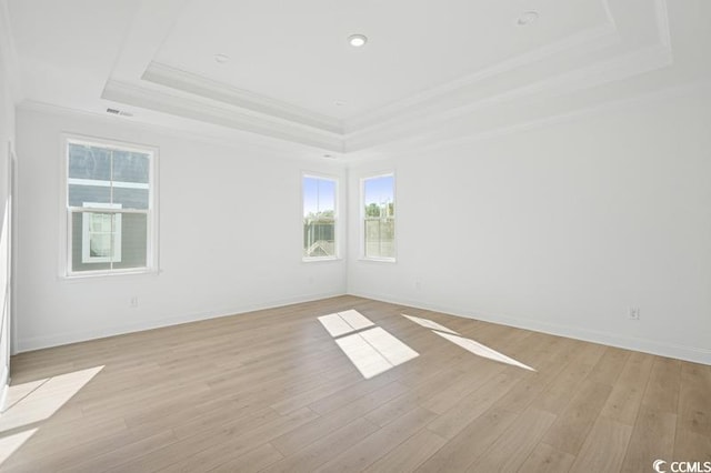 spare room featuring light wood-style flooring, crown molding, and a raised ceiling