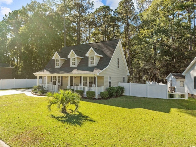 cape cod house with a front lawn and a porch