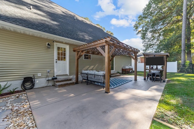 view of patio featuring an outdoor living space and a pergola