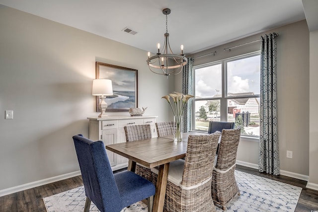 dining area with an inviting chandelier and dark wood-type flooring