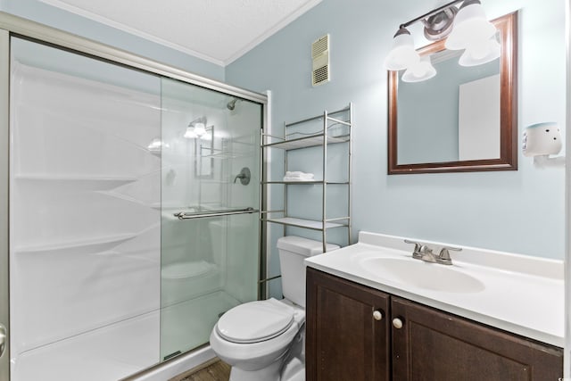 1919 Spring St Unit B-31, North Myrtle Beach, SC 29582 - bathroom with crown molding, toilet, a stall shower, and vanity