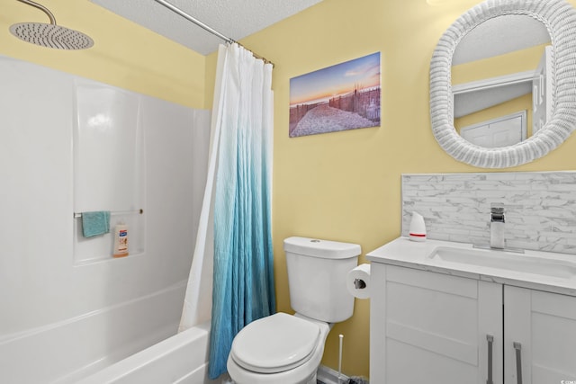 full bathroom with vanity, a textured ceiling, shower / tub combo, toilet, and decorative backsplash