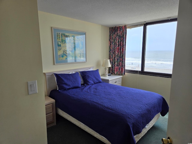 bedroom with carpet floors, a textured ceiling, and a water view