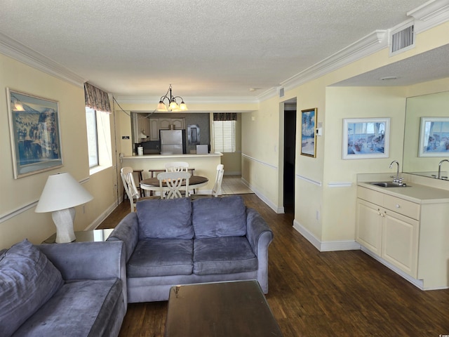 living room featuring sink, a textured ceiling, dark wood-type flooring, a notable chandelier, and crown molding