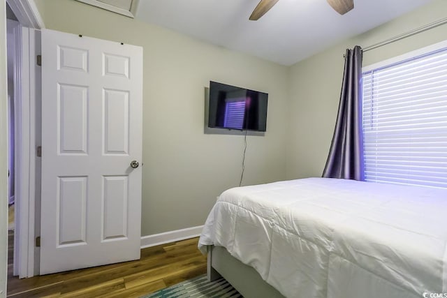 bedroom featuring ceiling fan and dark hardwood / wood-style flooring