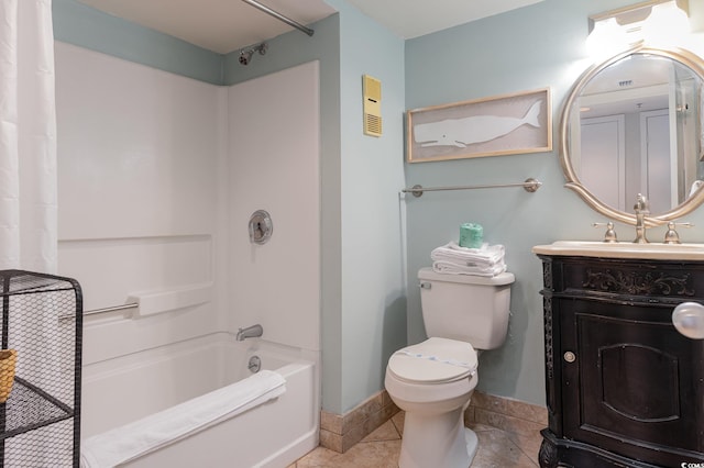 full bathroom featuring vanity, shower / tub combo, toilet, and tile patterned flooring