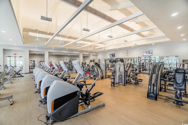 gym featuring light wood-type flooring and a towering ceiling