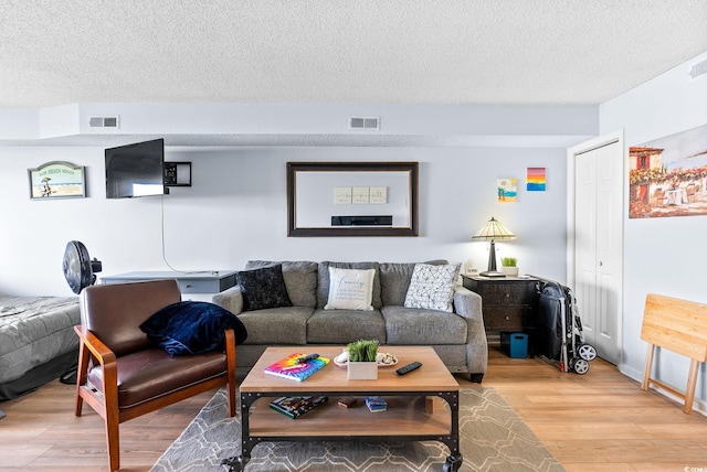 living room featuring wood-type flooring and a textured ceiling