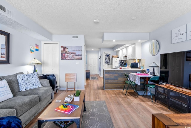 living room with light hardwood / wood-style flooring and a textured ceiling