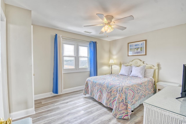 bedroom featuring ceiling fan and light wood-type flooring