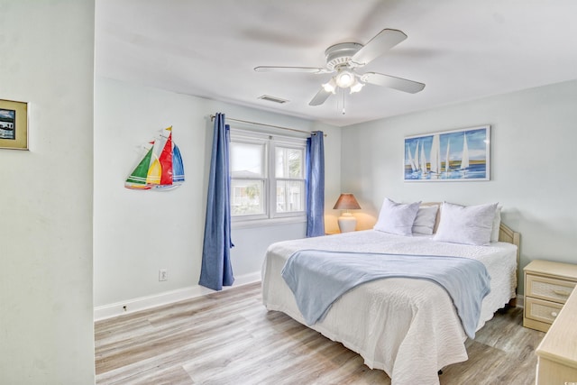 bedroom featuring ceiling fan and light wood-type flooring