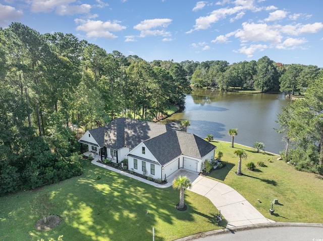 aerial view featuring a water view