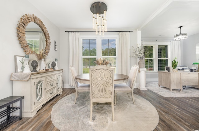 dining space featuring a healthy amount of sunlight, dark hardwood / wood-style floors, and a chandelier