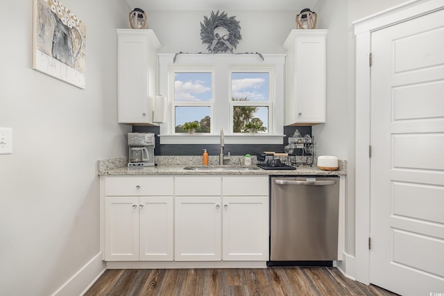 kitchen with dishwasher, dark wood-type flooring, sink, and white cabinetry