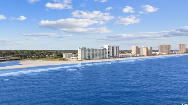 view of water feature featuring a city view and a view of the beach