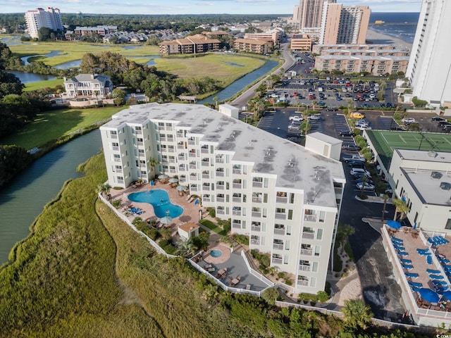 drone / aerial view featuring a water view