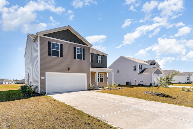 view of front of property featuring central AC unit, a garage, and a front lawn