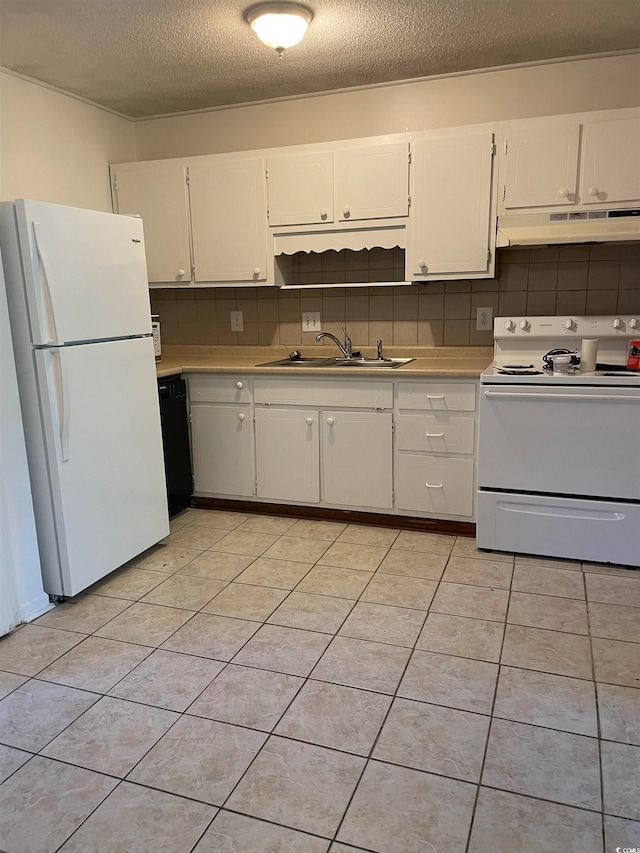 kitchen with white cabinetry, sink, light tile patterned floors, white appliances, and decorative backsplash