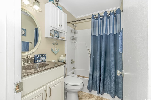 full bathroom with tile patterned floors, toilet, shower / bath combination with curtain, ornamental molding, and vanity