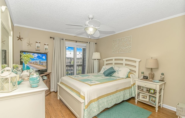 bedroom with ceiling fan, access to outside, ornamental molding, and light hardwood / wood-style floors