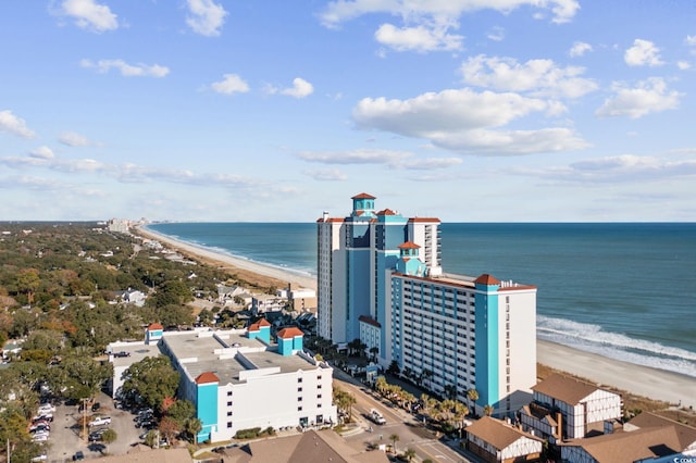 drone / aerial view featuring a water view and a view of the beach