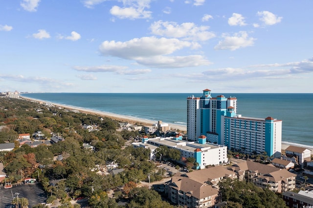 aerial view with a water view and a view of the beach