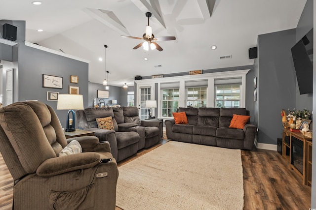 living room featuring lofted ceiling, dark wood-type flooring, and ceiling fan