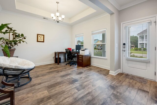 office area featuring a raised ceiling, dark hardwood / wood-style floors, and a wealth of natural light