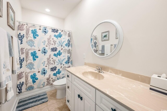 full bathroom with tile patterned flooring, vanity, shower / bathtub combination with curtain, and toilet