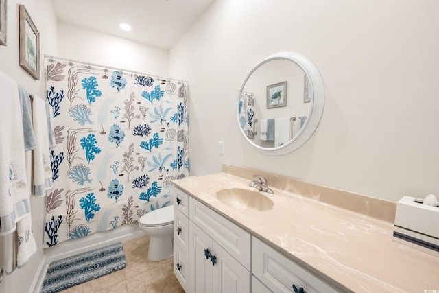 full bath featuring toilet, tile patterned flooring, shower / bath combination with curtain, and vanity