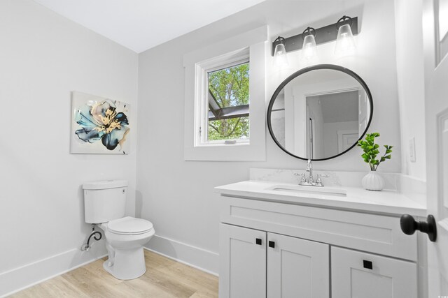 bathroom with vanity, toilet, and hardwood / wood-style flooring