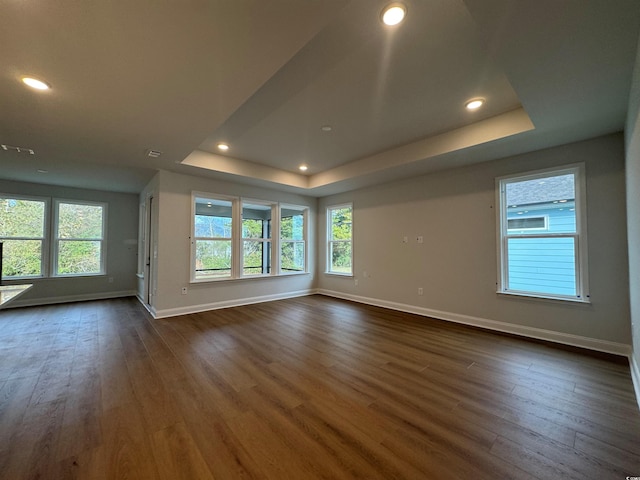 unfurnished room with dark hardwood / wood-style flooring, a wealth of natural light, and a raised ceiling