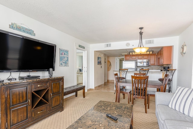 living room with a textured ceiling and light colored carpet