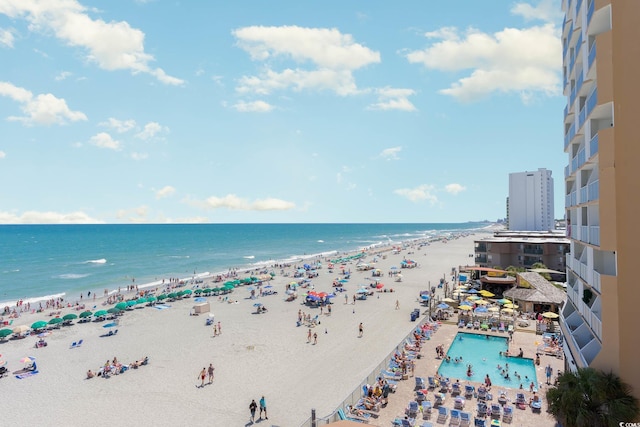 view of water feature with a beach view