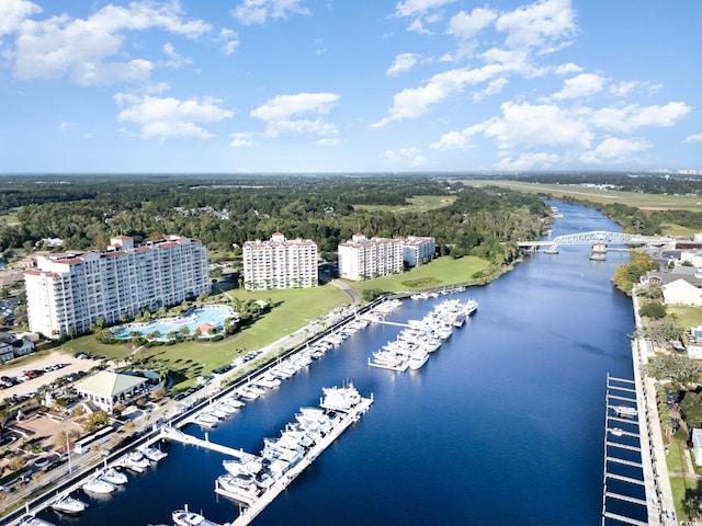 drone / aerial view featuring a water view