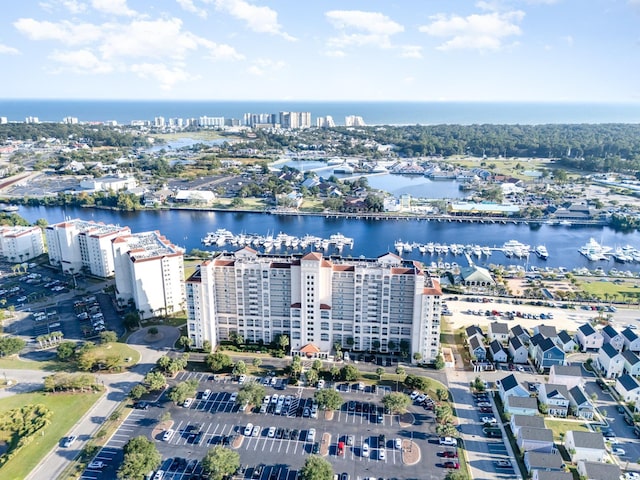 birds eye view of property featuring a water view