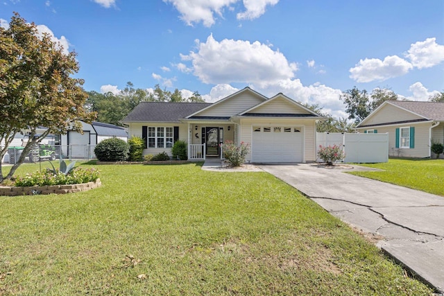 single story home with a garage and a front yard