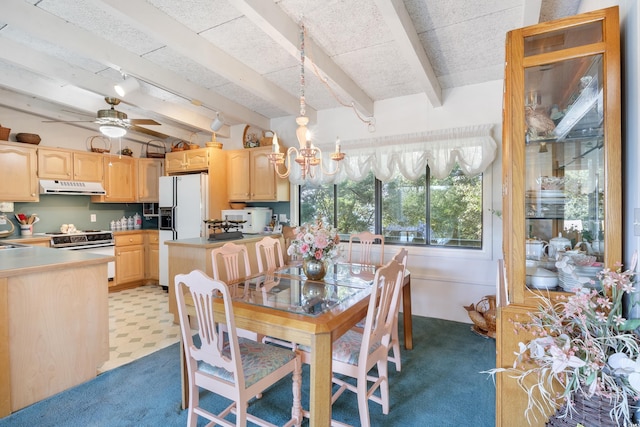 dining room with ceiling fan with notable chandelier and beamed ceiling