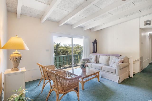 living room featuring beamed ceiling and carpet flooring